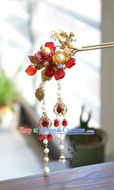 Traditional Handmade Chinese Ancient Princess Classical Hanfu Accessories Jewellery Red Flowers Coloured Glaze Hair Sticks Hair Jewellery, Tassel Hair Fascinators Hairpins for Women