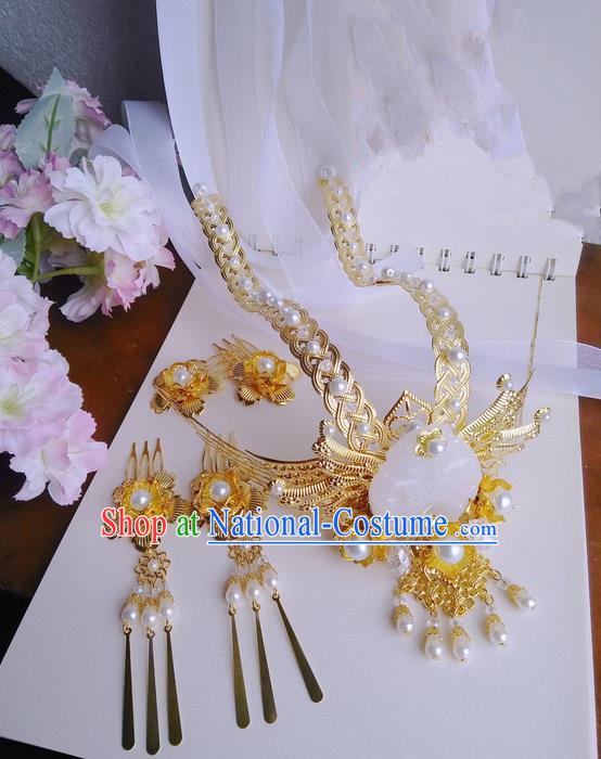 Traditional Handmade Chinese Ancient Classical Hair Accessories Complete Set, Pearl Hair Sticks Tassel Hair Jewellery, Hair Fascinators Hairpins for Women