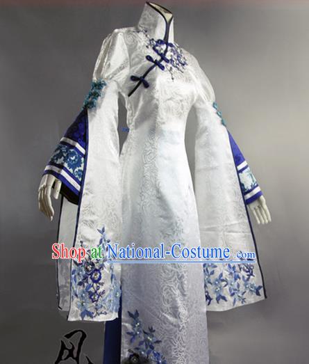 Traditional Ancient Chinese Imperial Consort Costume Blue and White Cheongsam, Elegant Hanfu Clothing Chinese Qing Dynasty Manchu Imperial Empress Cosplay Fairy Tailing Embroidered Cheongsam for Women