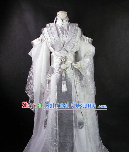 Traditional Ancient Chinese Imperial Emperor White Costume, Ancient Swordsman Elegant Hanfu Clothing Chinese Tang Dynasty Imperial King Cosplay Tailing Embroidered Dress for Men