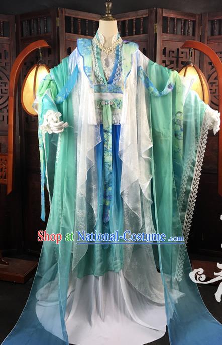 Traditional Ancient Chinese Imperial Consort Costume, Elegant Hanfu Clothing Chinese Tang Dynasty Imperial Empress Cosplay Fairy Tailing Embroidered Gradient Green Dress for Women