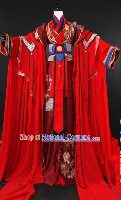 Traditional Ancient Chinese Imperial Emperor Wedding Costume Complete Set, Elegant Hanfu Palace King Red Robe, Chinese Han Dynasty Majesty Tailing Embroidered Clothing for Men