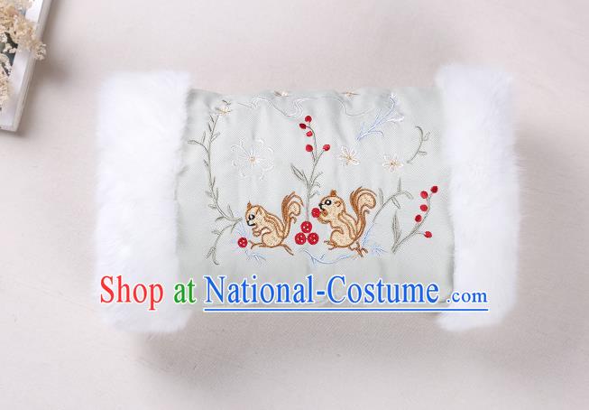 Traditional Ancient Chinese Embroidered Hanfu Muff Embroidered Squirrel Green Handwarmers for Women