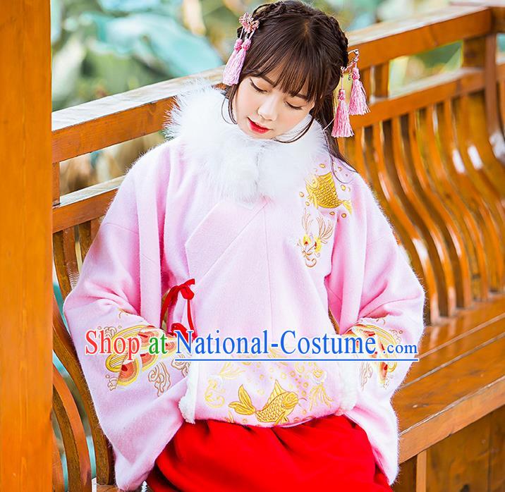 Traditional Ancient Chinese Embroidered Hanfu Muff Embroidered Carp Pink Handwarmers for Women