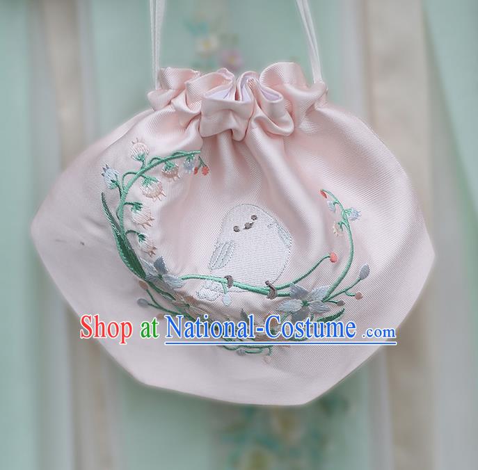 Traditional Ancient Chinese Embroidered Hanfu Handbags Embroidered Bird Pink Bag for Women