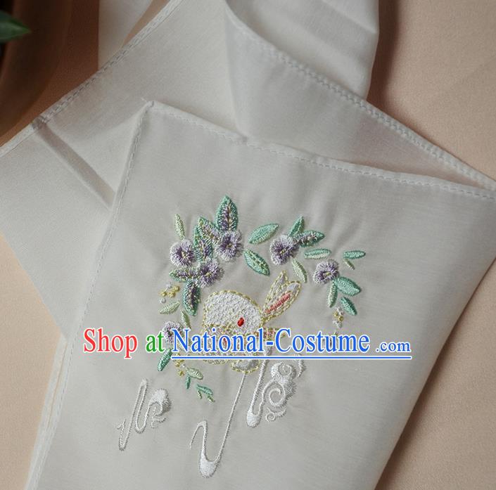 Traditional Ancient Chinese Embroidered Hanfu Handkerchief Embroidered Rabbit White Silk Mocket for Women