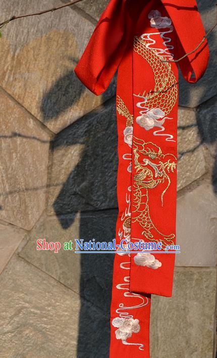 Traditional Ancient Chinese Embroidered Hanfu Hair Snood Embroidered Dragon Red Silk Bandeau for Women