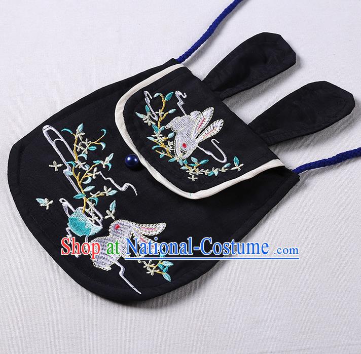 Traditional Ancient Chinese Embroidered Hanfu Handbags Embroidered Rabbit Black Bag for Women