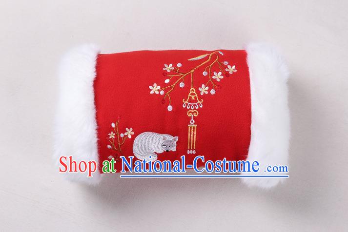 Traditional Ancient Chinese Embroidered Hanfu Muff Embroidered Fox Red Handwarmers for Women