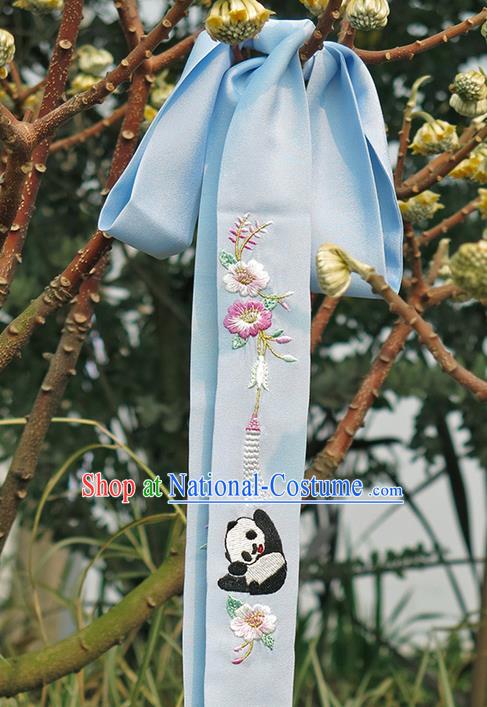 Traditional Ancient Chinese Embroidered Hanfu Hair Snood Embroidered Panda Blue Silk Bandeau for Women