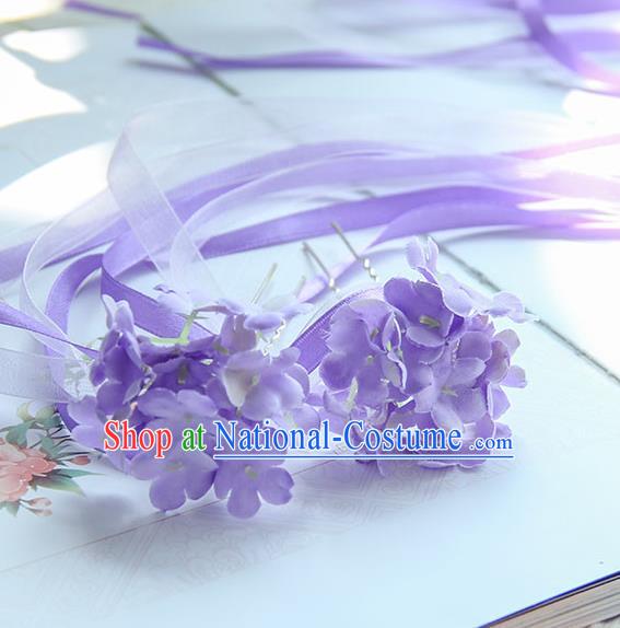 Traditional Handmade Chinese Ancient Princess Classical Accessories Jewellery Hair Sticks Long Ribbon Purple Hair Claws, Hair Fascinators Hairpins for Women