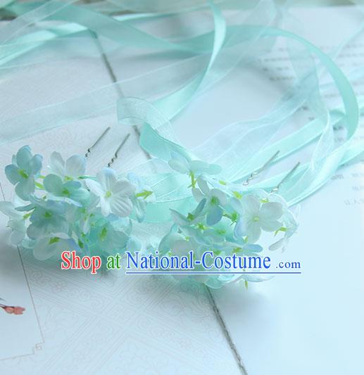 Traditional Handmade Chinese Ancient Princess Classical Accessories Jewellery Hair Sticks Long Ribbon Blue Hair Claws, Hair Fascinators Hairpins for Women