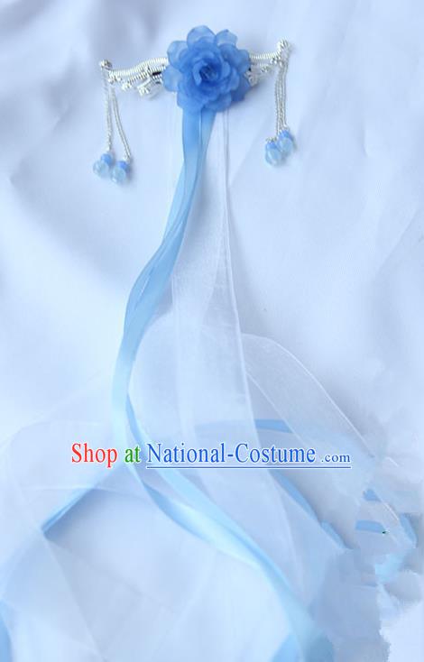 Traditional Handmade Chinese Ancient Princess Classical Accessories Jewellery Hanfu Hair Sticks Long Ribbon Blue Hair Claws, Hair Fascinators Hairpins for Women