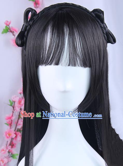 Traditional Handmade Ancient Chinese Tang Dynasty Princess Wig, Ancient Chinese Palace Young Lady Long Wig for Women