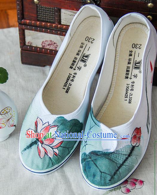 Traditional Handmade Ancient Chinese Han Dynasty Imperial Princess Freehand Sketching Lotus Hanfu Shoes for Women