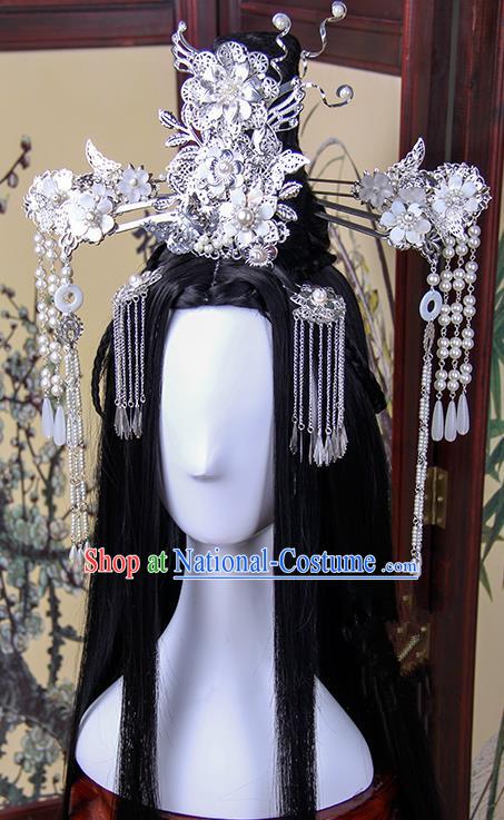 Traditional Handmade Ancient Chinese Tang Dynasty Imperial Princess Hair Decoration and Hair Wig Complete Set, Ancient Cosplay Fairy Chinese Young Lady Headwear and Wig for Women