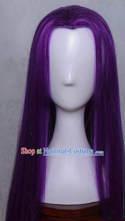 Traditional Handmade Ancient Chinese Tang Dynasty Imperial Princess Wig, Ancient Chinese Cosplay Fairy Palace Young Lady Straight Purple Hair Wig for Women