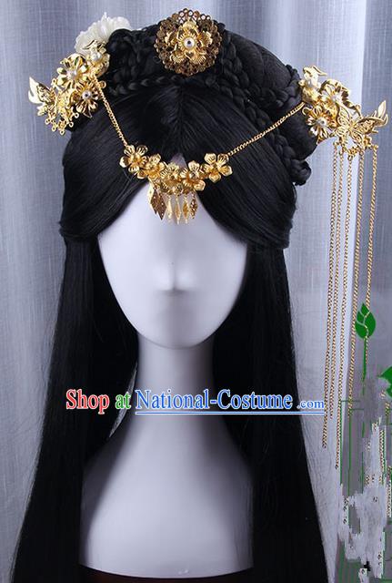 Traditional Handmade Ancient Chinese Tang Dynasty Imperial Empress Wedding Hair Decoration and Wig Complete Set, Ancient Chinese Cosplay Fairy Queen Peony Headwear and Wig for Women