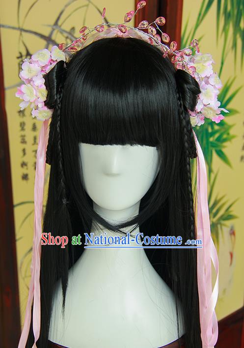 Traditional Handmade Ancient Chinese Tang Dynasty Imperial Empress Hair Decoration and Wig Complete Set, Ancient Chinese Cosplay Fairy Queen Hanfu Headwear and Wig for Women