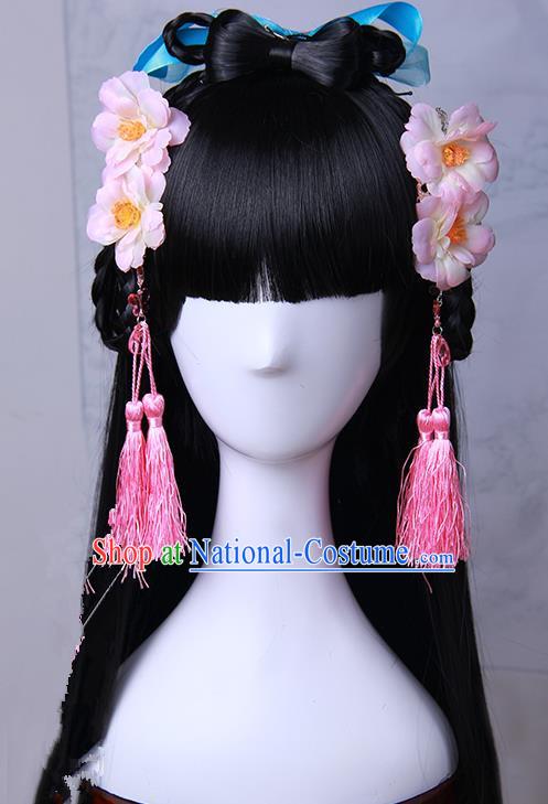 Traditional Handmade Ancient Chinese Han Dynasty Imperial Princess Pink Tassels Hair Decoration and Wig Complete Set, Ancient Chinese Hanfu Cosplay Fairy Young Lady Headwear and Wig for Women