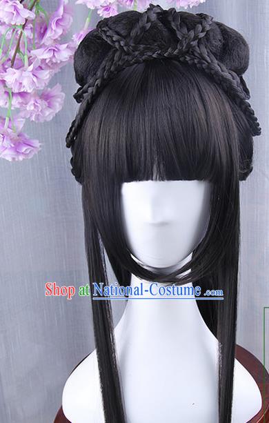 Traditional Handmade Ancient Chinese Han Dynasty Imperial Princess Wig, Ancient Chinese Hanfu Cosplay Fairy Palace Lady Queen Neat Bang Wig for Women