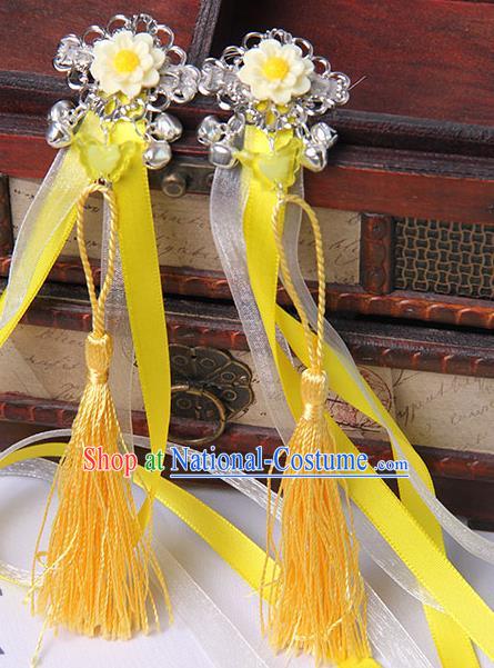 Traditional Handmade Chinese Ancient Princess Classical Hanfu Accessories Jewellery Yellow Long Ribbons Bells Hair Sticks Hair Claws, Tassel Hair Fascinators Hairpins for Women