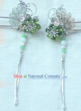 Traditional Handmade Chinese Ancient Princess Classical Hanfu Accessories Jewellery Green Glass Hair Sticks Hair Step Shake, Tassel Hair Fascinators Hairpins for Women