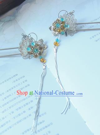 Traditional Handmade Chinese Ancient Princess Classical Hanfu Accessories Jewellery Blue Butterfly Hair Sticks Hair Step Shake, Tassel Hair Fascinators Hairpins for Women