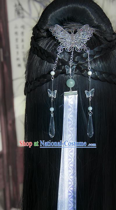 Traditional Handmade Chinese Ancient Princess Classical Hanfu Accessories Jewellery Long White Ribbons Hair Sticks Butterfly Hair Claws, Tassel Hair Fascinators Hairpins for Women