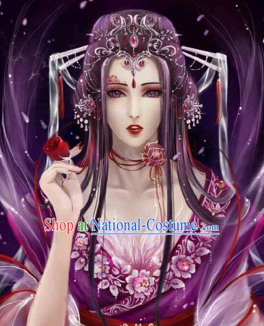 Traditional Handmade Ancient Chinese Han Dynasty Imperial Princess Hair Decoration Ox Hair Clasp and Wig Complete Set, Ancient Chinese Hanfu Cosplay Fairy Young Lady Headwear and Wig for Women