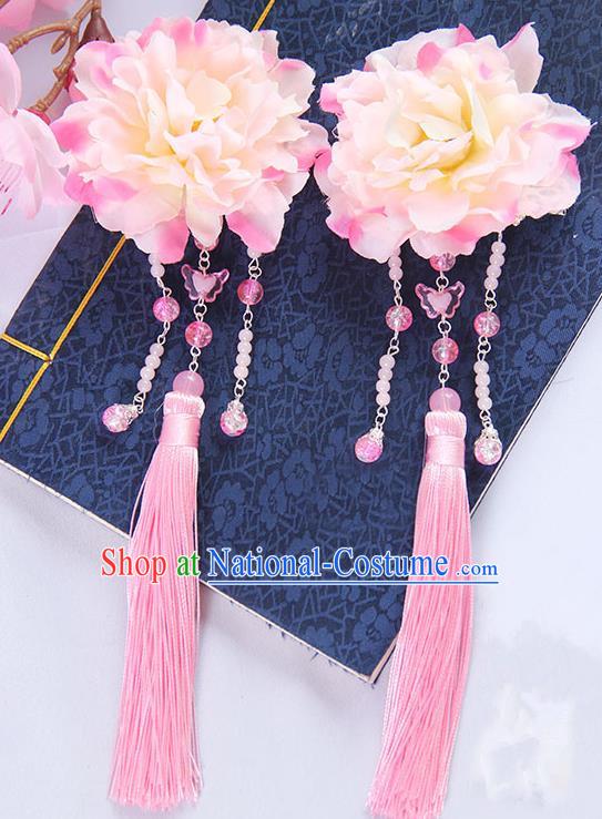 Traditional Handmade Chinese Ancient Princess Classical Hanfu Accessories Jewellery Pink Silk Flowers Hair Sticks Hair Claws, Tassel Hair Fascinators Hairpins for Women