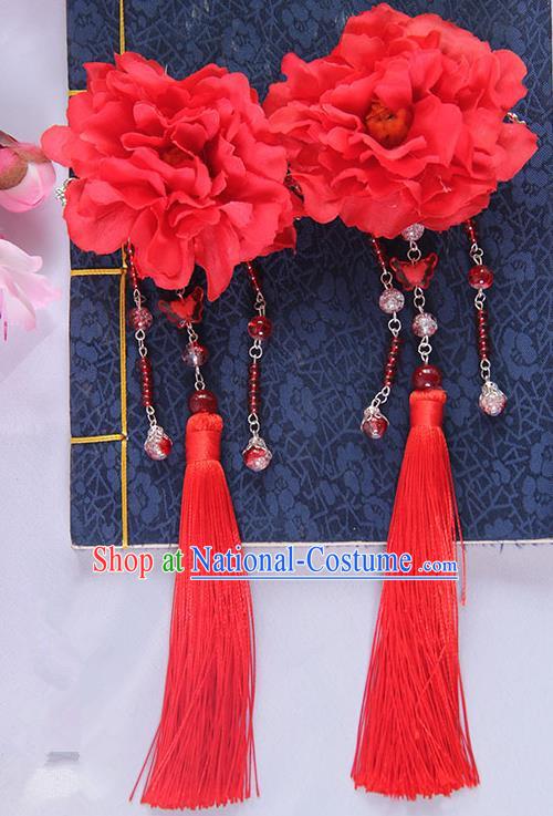 Traditional Handmade Chinese Ancient Princess Classical Hanfu Accessories Jewellery Red Silk Flowers Hair Sticks Hair Claws, Tassel Hair Fascinators Hairpins for Women