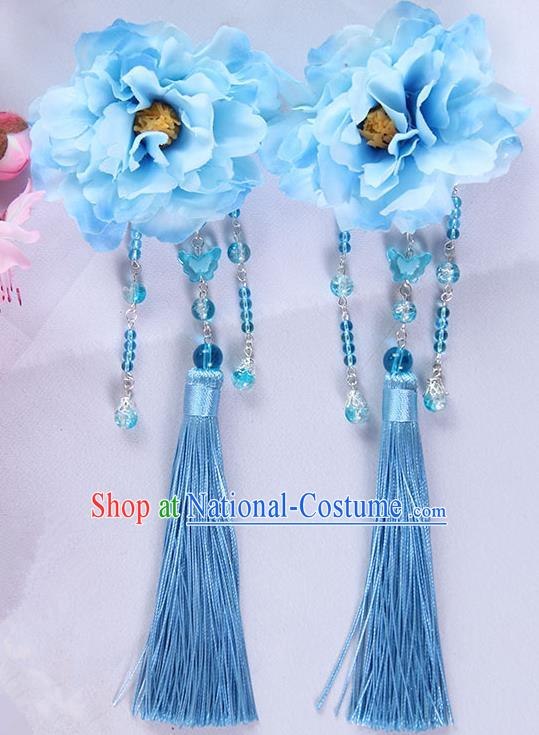 Traditional Handmade Chinese Ancient Princess Classical Hanfu Accessories Jewellery Blue Silk Flowers Hair Sticks Hair Claws, Tassel Hair Fascinators Hairpins for Women