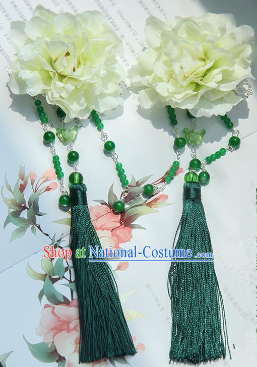 Traditional Handmade Chinese Ancient Princess Classical Hanfu Accessories Jewellery Green Silk Flowers Hair Sticks Hair Claws, Tassel Hair Fascinators Hairpins for Women