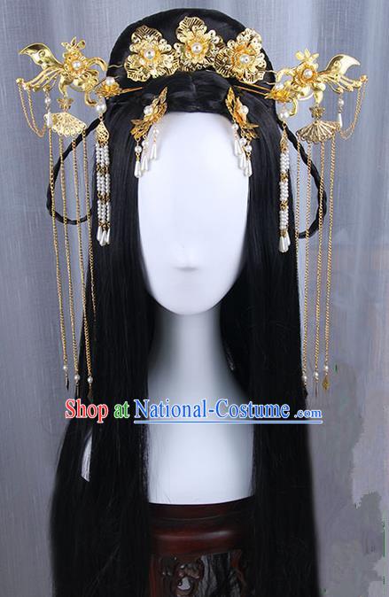 Traditional Handmade Ancient Chinese Han Dynasty Imperial Princess Peony Tassels Hair Decoration Hairpin and Wig Complete Set, Ancient Chinese Hanfu Cosplay Fairy Queen Young Lady Headwear and Wig for Women