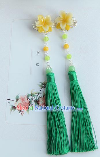 Traditional Handmade Chinese Ancient Princess Classical Hanfu Accessories Jewellery Silk Flowers Green Tassel Hair Step Shake Hair Claws, Tassel Hair Fascinators Hairpins for Women