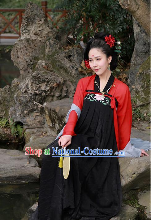 Traditional Ancient Chinese Imperial Consort Costume Embroidered Two Pieces Dress Complete Set, Elegant Hanfu Clothing Chinese Tang Dynasty Embroidered Peony Palace Princess Dress for Women