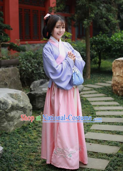 Traditional Ancient Chinese Female Costume Embroidered Flowers Lilac Blouse and Dress Complete Set, Elegant Hanfu Clothing Chinese Ming Dynasty Embroidered Palace Princess Clothing for Women