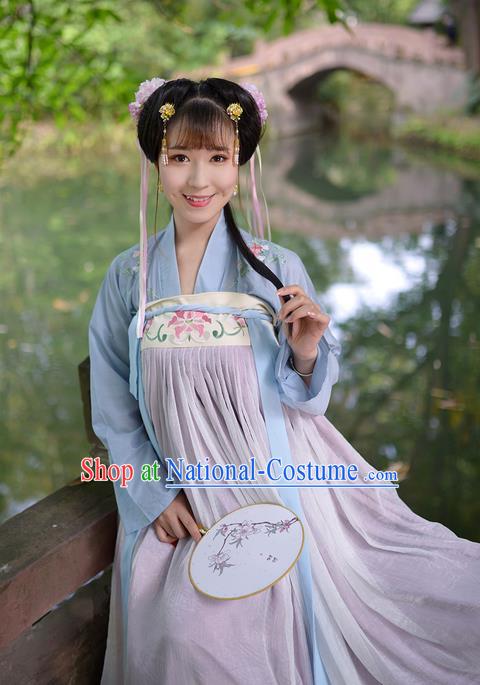 Traditional Ancient Chinese Female Costume Embroidered Flowers Blue Blouse and Dress Complete Set, Elegant Hanfu Clothing Chinese Tang Dynasty Embroidered Palace Princess Clothing for Women