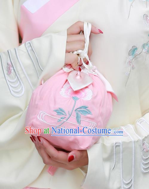 Traditional Ancient Chinese Female Embroidered Flowers Handbags, Elegant Hanfu Ming Dynasty Embroidered Palace Princess Pink Bag for Women