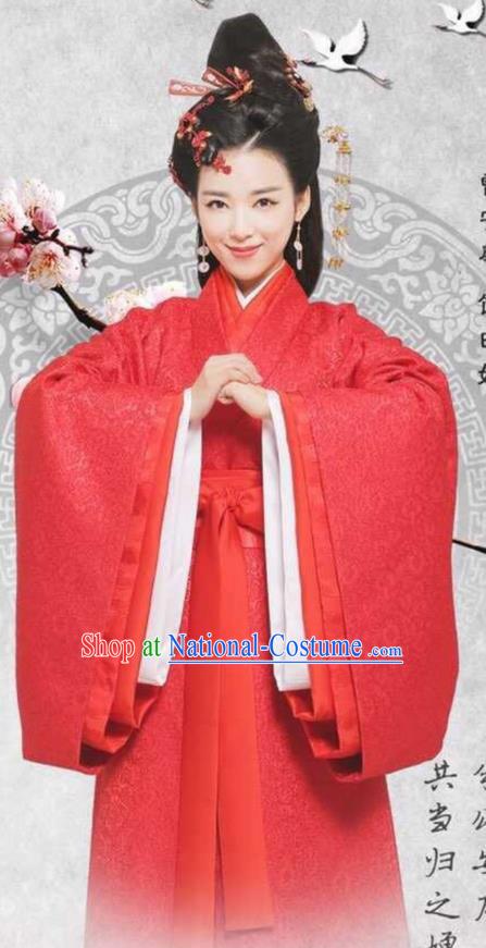 Traditional Ancient Chinese Imperial Empress Wedding Costume, Elegant Hanfu Bride Red Dress Chinese Han Dynasty Imperial Princess Tailing Embroidered Clothing for Women