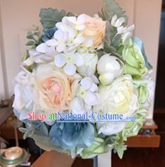 Top Grade Classical Wedding Silk Flowers, Bride Holding Emulational Blue Flowers, Hand Tied Bouquet Flowers for Women