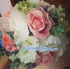 Top Grade Classical Wedding Silk Flowers, Bride Holding Emulational Pink Flowers, Hand Tied Bouquet Flowers for Women