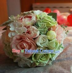 Top Grade Classical Wedding Silk Flowers, Bride Holding Emulational Pink Paeonia Lactiflora Flowers, Hand Tied Bouquet Flowers for Women