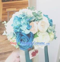 Top Grade Classical Wedding Silk Flowers, Bride Holding Emulational Blue Hydrangea Rose Flowers, Hand Tied Bouquet Flowers for Women