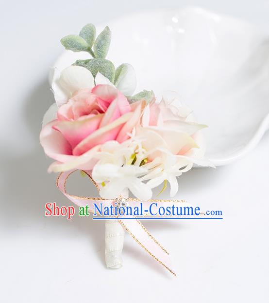 Top Grade Classical Wedding Silk Flowers,Groom Emulational Corsage Groomsman Pink Brooch Flowers for Men