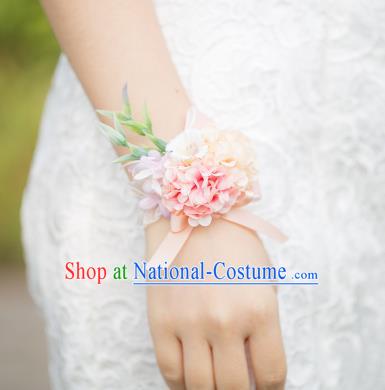 Top Grade Classical Wedding Silk Flowers, Bride Emulational Pink White Wrist Flowers Bracelet Flowers for Women