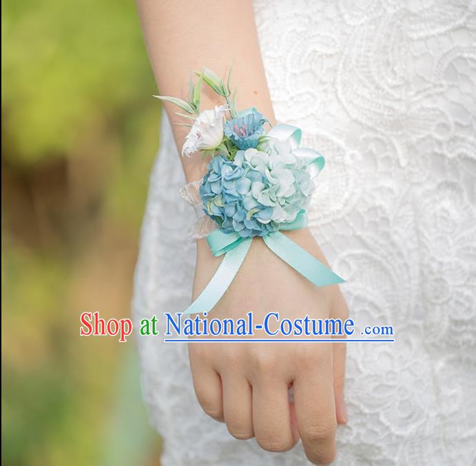 Top Grade Classical Wedding Silk Flowers, Bride Emulational Wrist Flowers Bridesmaid Bracelet Blue Flowers for Women