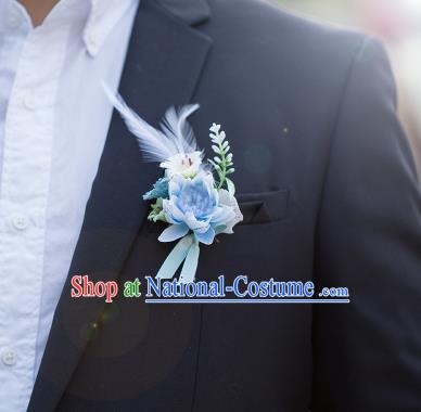 Top Grade Classical Wedding Silk Flowers,Groom Emulational Corsage Groomsman Blue Feather Brooch Flowers for Men