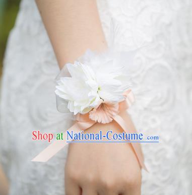 Top Grade Classical Wedding Silk Flowers, Bride Emulational Wrist Flowers Bridesmaid Bracelet Pink Feather Flowers for Women